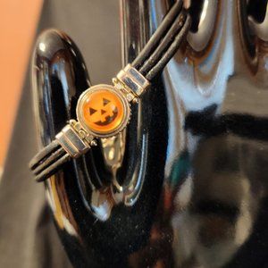 Lotti Dottie Black Leather Bracelet with pumpkin charm for Fall or Halloween